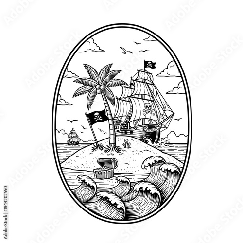 Pirate Ship Sailing Towards Treasure Island with Palm Tree.