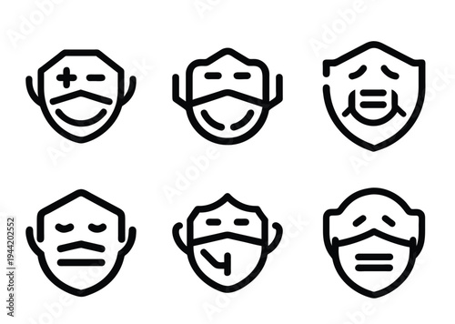 Set of six outline style cartoon faces wearing protective face masks