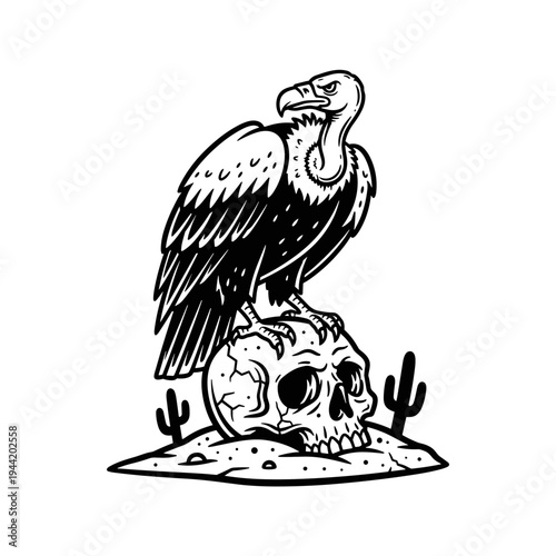 Vulture Perched on Skull in Desert Illustration.