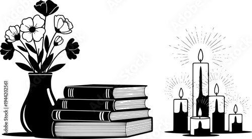 Peaceful scene with lit candles, a vase of flowers, and stack of books for quiet contemplation and relaxation – Black and White Vector Illustration