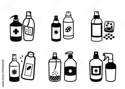 Monochrome illustrations depicting various hygiene and sanitization products in bottle and spray forms