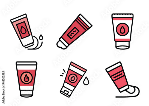 Collection of cosmetic cream tubes with different designs and orientations and colors