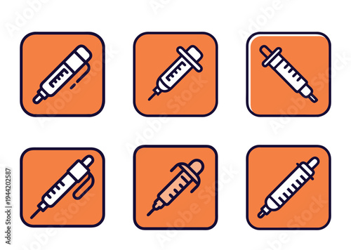 Six orange square icon illustrations of various syringes and needles on white