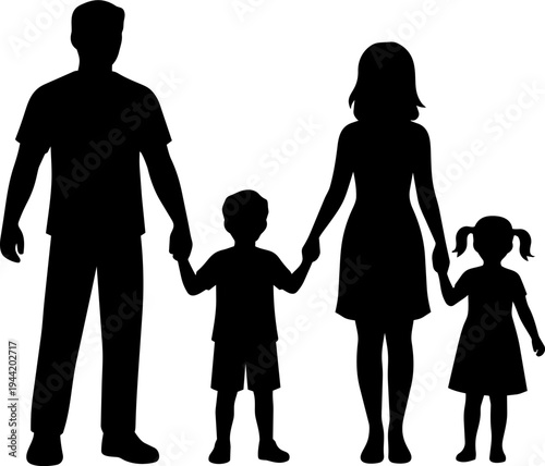 Family silhouette with parents and two children holding hands vector illustration isolated on white background
