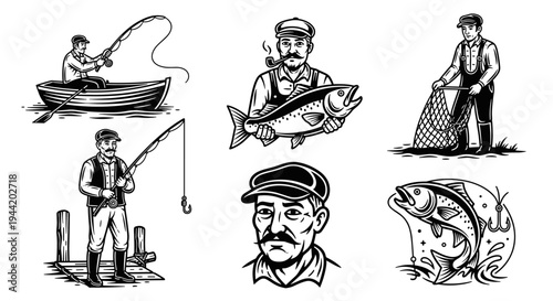 Vintage Engraved Fisherman and Fish Illustrations Set.