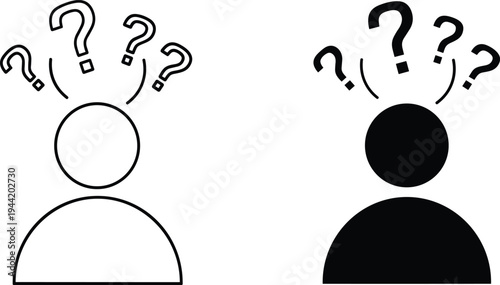 Two Human Icons with Question Marks Above Heads on White Background Keywords: question mark, thinking, confused, confused person
