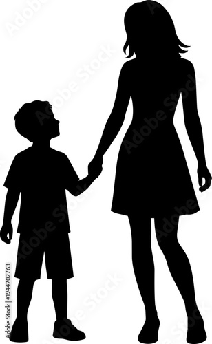 Mother and son holding hands silhouette vector illustration isolated on white background
