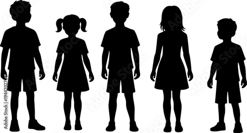 Group of children silhouettes standing together vector illustration isolated on white background
