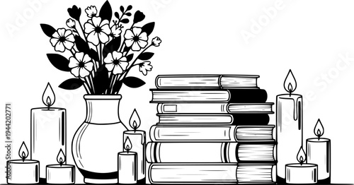 Peaceful scene with lit candles, a vase of flowers, and stack of books for quiet contemplation and relaxation – Black and White Vector Illustration