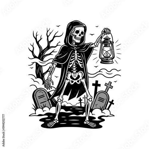 Skeleton in a hooded cloak holding a lantern.