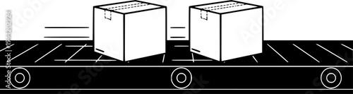 Two cardboard boxes moving along a black conveyor belt in a simplified industrial illustration – Black and White Vector Illustration