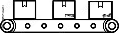 Two cardboard boxes moving along a black conveyor belt in a simplified industrial illustration – Black and White Vector Illustration