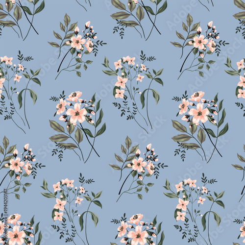 Seamless floral pattern, watercolor ditsy print of wild plants in delicate colors. Romantic botanical design of small hand drawn flowers, leaves, bouquets on a blue background. Vector illustration.