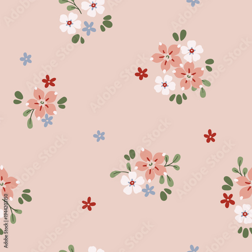 Seamless floral pattern, liberty ditsy print in a delicate girly motif. Cute botanical design of small hand drawn flowers, tiny leaves, simple mini bouquets on a beige background. Vector illustration.