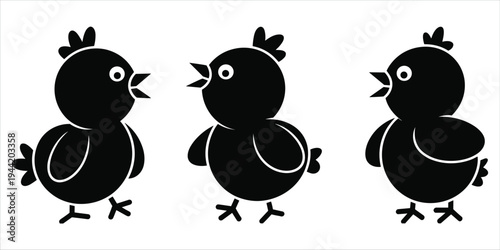 Three Black Silhouette Cartoon Chicks with Open Beaks and Feet Keywords: chick, chicken, bird, baby bird, silhouette, black