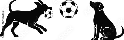 Silhouette of two dogs and two soccer balls on white background puppy canine