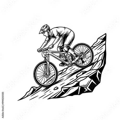 Mountain biker descending a steep rocky slope with determination.