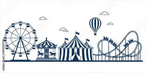 Outline illustration of an amusement park with Ferris wheel, carousel, and roller coaster theme park