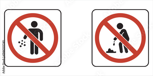 No Littering and No Urinating Prohibition Signs Keywords: prohibition, sign, symbol, no littering, no urinating, forbidden