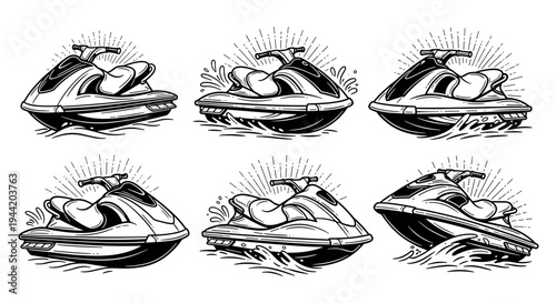 Set of six hand-drawn jet skis in various dynamic poses.