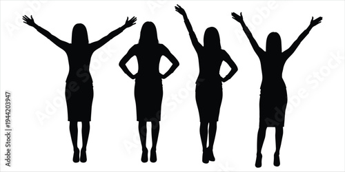 Four Silhouettes of Women in Business Attire with Raised Arms Keywords: silhouette, women, business, attire, success