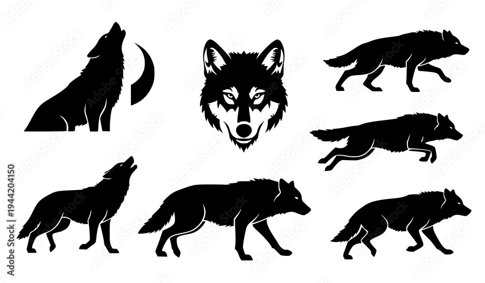 Fototapeta premium Minimal Wild Wolf Black Silhouette Vector Icon Collection