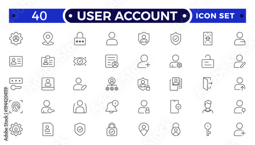User account outline icon set. Containing profile, password, login, username, avatar, connect, add friend and more. Outline vector icons collection.