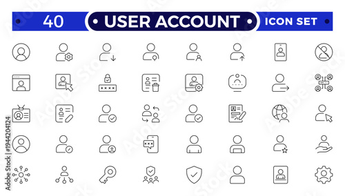 User account outline icon set. Containing profile, password, login, username, avatar, connect, add friend and more. Outline vector icons collection.