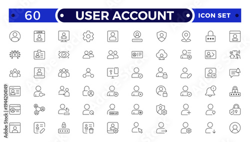 User account outline icon set. Containing profile, password, login, username, avatar, connect, add friend and more. Outline vector icons collection.