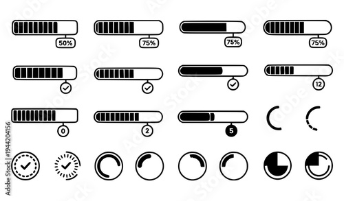 Stylized Digital Progress Bars and Loading Circle Vector Icons