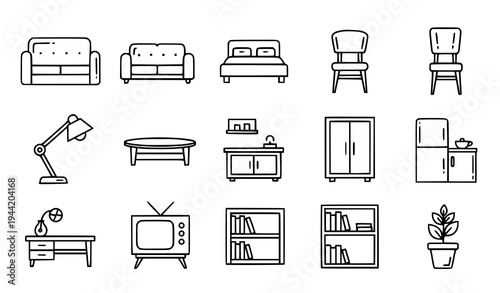 Home Things Outline Vector Icon Pack for Interior and Furniture