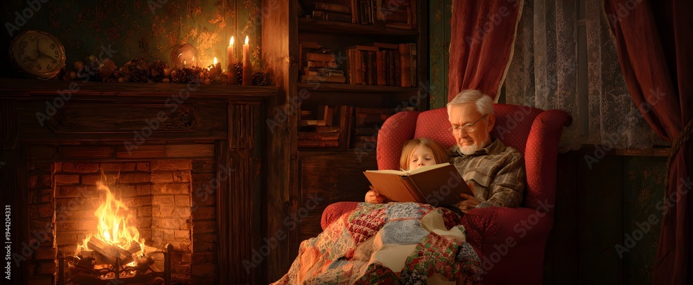 Fototapeta premium Grandparent reads bedtime story in cozy armchair by fireplace while child rests quietly.