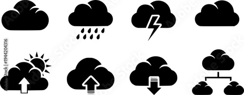 Collection of simple, stylized cloud icons on a white background for weather and network – Black and White Vector Illustration