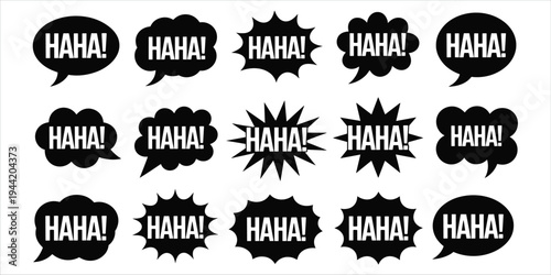 Fifteen Black Speech Bubbles with HAHA Text on White Background Keywords: haha, laughter, laugh, funny, humor, joke, comedy