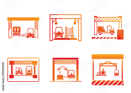 Warehouse and transportation icons, various delivery service concepts in orange color gradient