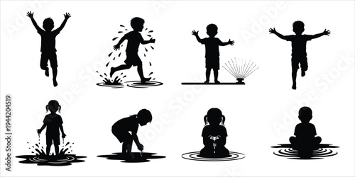 Eight Black Silhouettes of Children Playing with Water on White Background Keywords: children, kids, boys, girls, silhouette