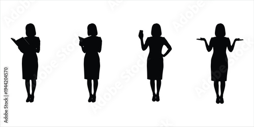 Four businesswomen silhouettes in different poses holding objects on white background Keywords: silhouette, businesswoman, woman