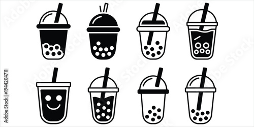Eight Black Icons of Bubble Tea Cups with Straws on White Background Keywords: bubble tea, boba, tea, drink, beverage, sweet