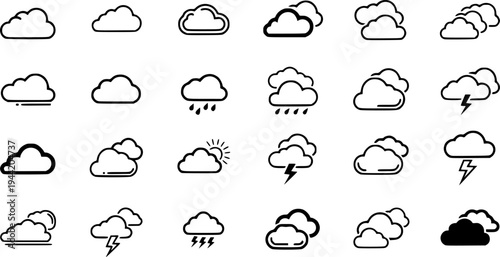 Collection of simple, stylized cloud icons on a white background for weather and network – Black and White Vector Illustration
