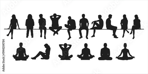 Diverse group of people silhouettes sitting and meditating on white background Keywords: silhouette, people, group, sitting