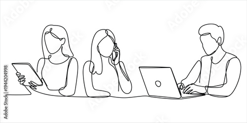 Continuous Line Drawing of Three People Working Together with Technology Keywords: continuous line drawing, people, teamwork