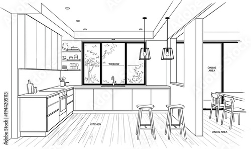 Modern kitchen interior perspective featuring panoramic garden window, geometric pendant lights, and integrated dining area.