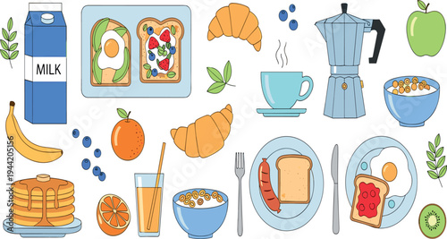 Breakfast Food Vector Set with Milk, Pancakes, Croissant, Eggs, Toast, Coffee, Fruits and Healthy Morning Meal Illustration
