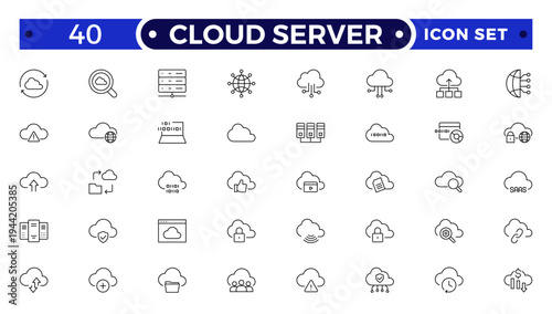 Set of Cloud server line icons related to cloud computing, cloud services, server, cyber security, digital transformation. Outline icon collection.