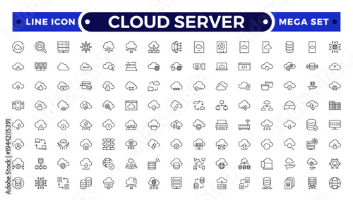 Set of Cloud server line icons related to cloud computing, cloud services, server, cyber security, digital transformation. Outline icon collection.