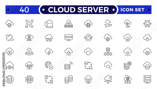 Set of Cloud server line icons related to cloud computing, cloud services, server, cyber security, digital transformation. Outline icon collection.
