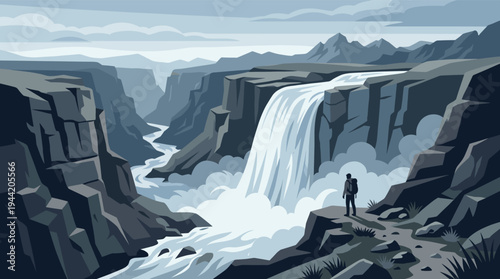 A stylized illustration depicts a lone hiker with a backpack observing a cascading waterfall in a deep, rocky canyon, evoking a sense of adventure, serenity, and the beauty of nature.