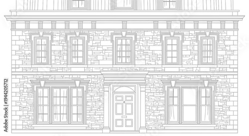 Detailed architectural line art drawing of a classic stone building facade with ornate windows and central entrance elevation