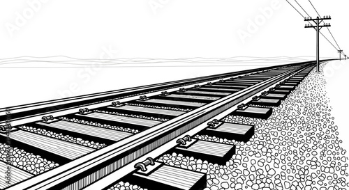 Long railway tracks stretching into the distant horizon, converging perspective, black and white line art illustration of a train journey.