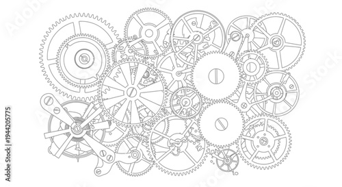 Detailed vector line art of intricate mechanical clockwork gears, cogs, and inner workings for engineering illustration